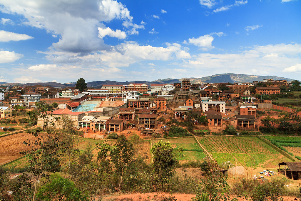 Panoramic scenic view of the central highlands and rural hills of Madagascar.