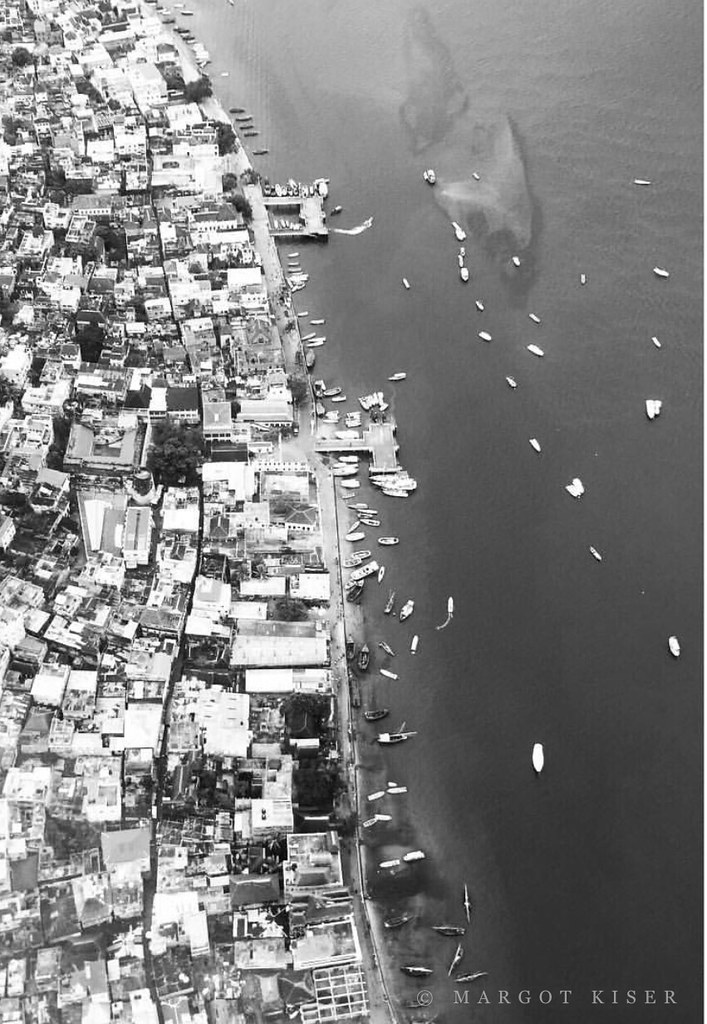 Traditional wooden dhow boats moored along the Lamu Old Town waterfront in Kenya