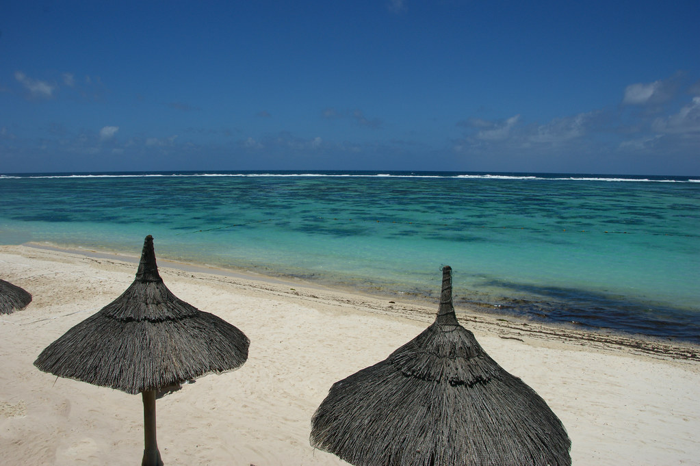 Turquoise waters and coastline of Grand Baie in northern Mauritius