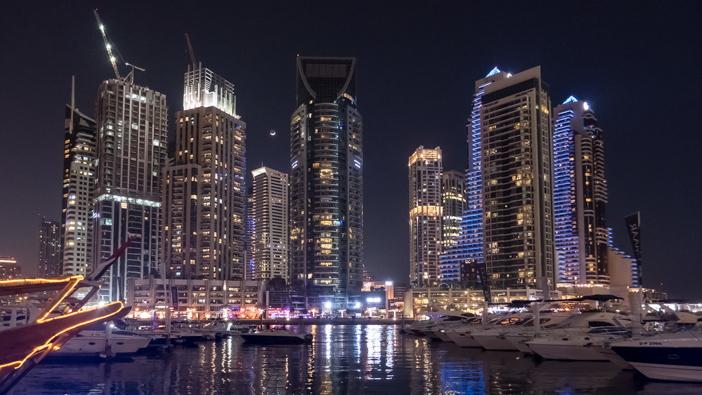 Panoramic scenic view of Dubai Marina Walk & Skyline.