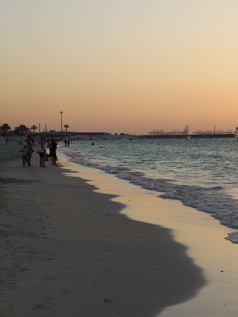 Panoramic scenic view of JBR The Beach, Dubai Marina.