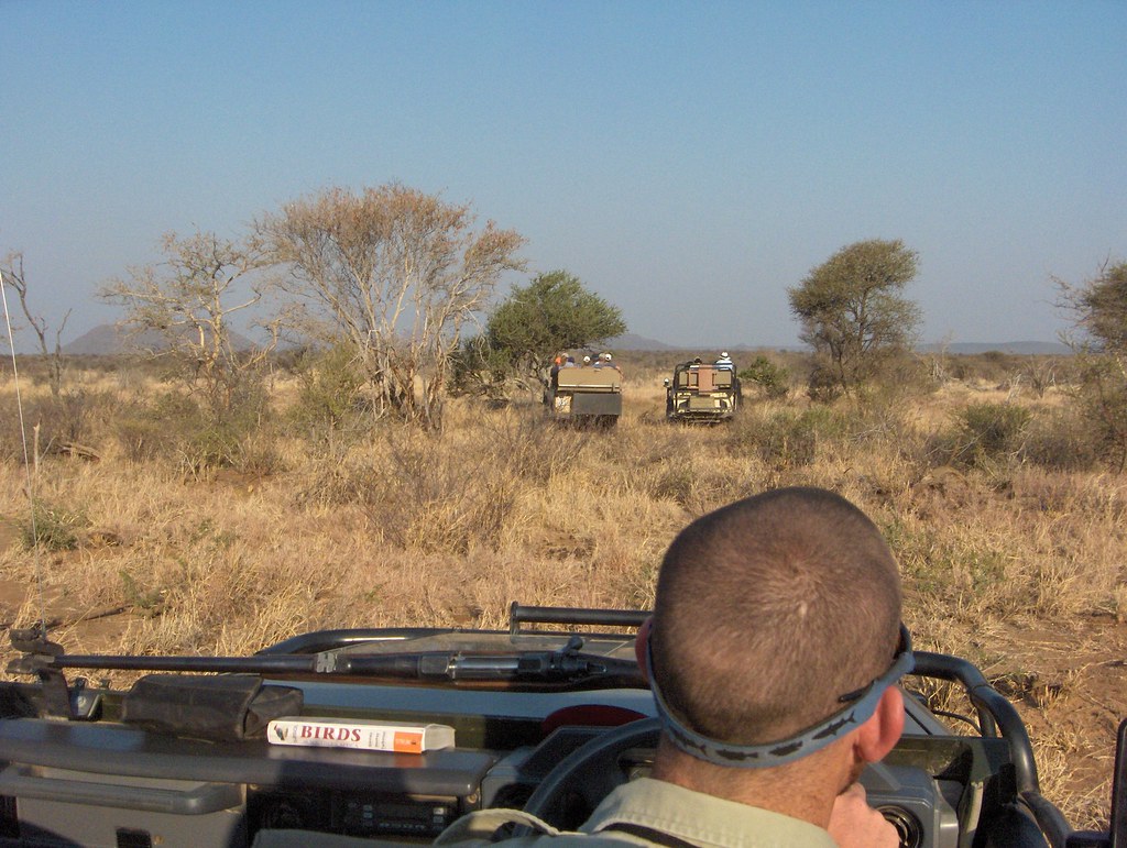 Classic 4x4 pop-top safari Land Cruiser traversing dirt tracks across the savannah during a game drive.