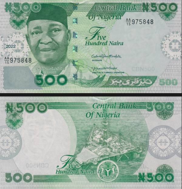 The new 500 naira note with the uniform light green and vibrant lime tone.